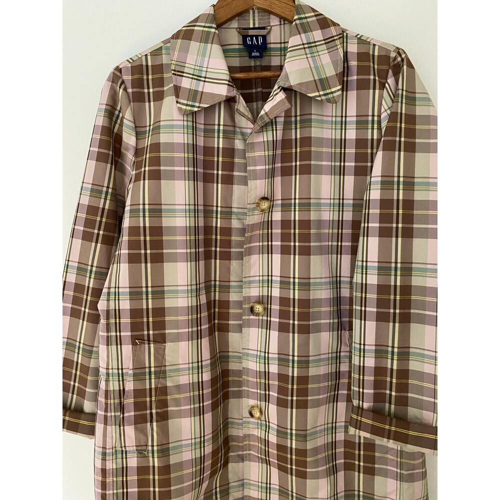 Gap Brown Pink Yellow Plaid Collared Jacket Midi Length Y2K 90s Windbreaker Rain - Picture 5 of 10